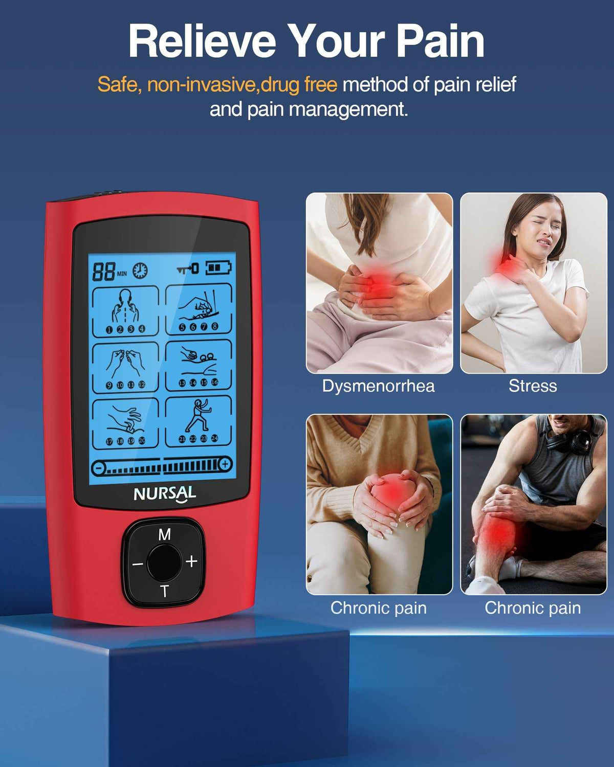 Red 24-mode TENS & EMS unit handheld electrical muscle stimulator with 8 pads NURSAL on Tampa Home & Garden Store