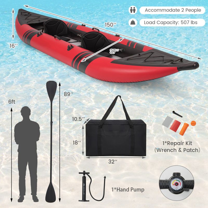 Mercantile Mountain Inflatable 2-person Kayak; red with aluminium oars, repair kit and pump on Tampa Home & Garden Store