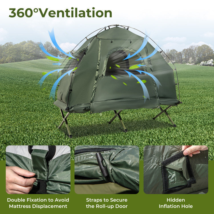 1-Person folding camping tent with sunshade and air mattress by Mercantile Mountain, green dome on Tampa Home & Garden Store
