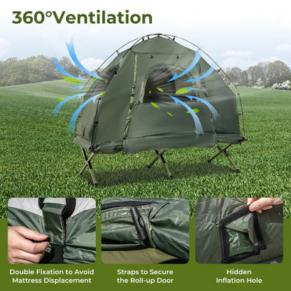 1-Person folding camping tent with sunshade and air mattress by Mercantile Mountain, green dome on Tampa Home & Garden Store