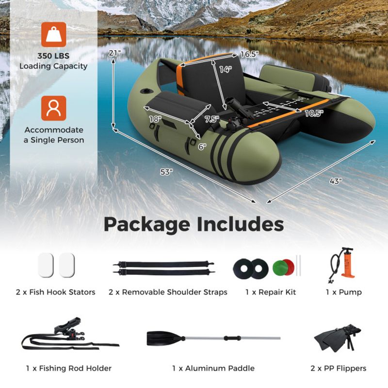 Mercantile Mountain inflatable fishing float tube with pump and storage pockets olive green on Tampa Home & Garden Store