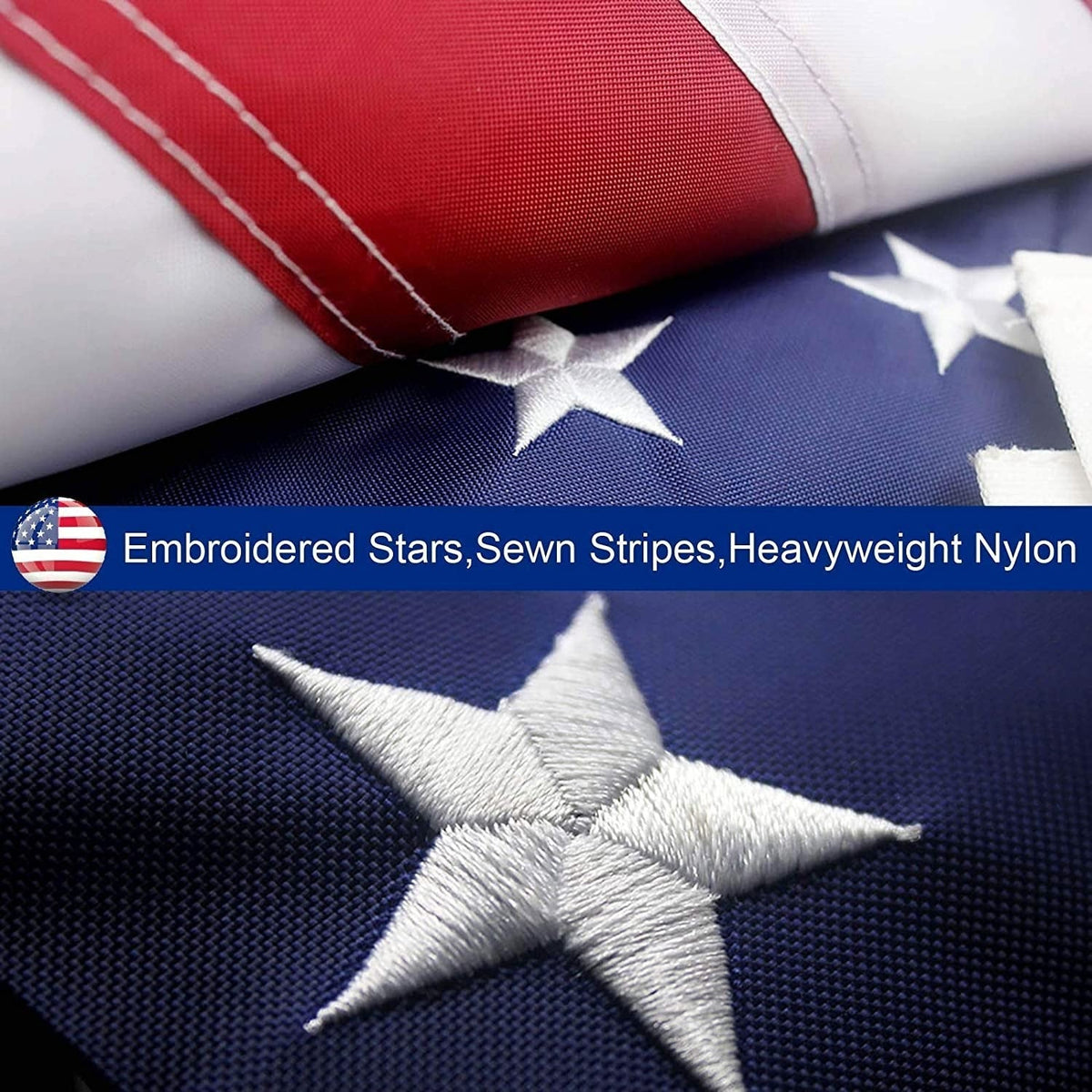 Heavy Duty Outdoor American Flag with embroidered stars on blue nylon field and red edge on Tampa Home & Garden Store