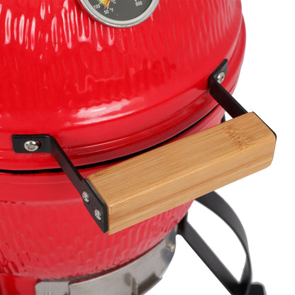 13in ceramic charcoal grill XH compact kamado outdoor cooker, red body with wooden side shelf on Tampa Home & Garden Store