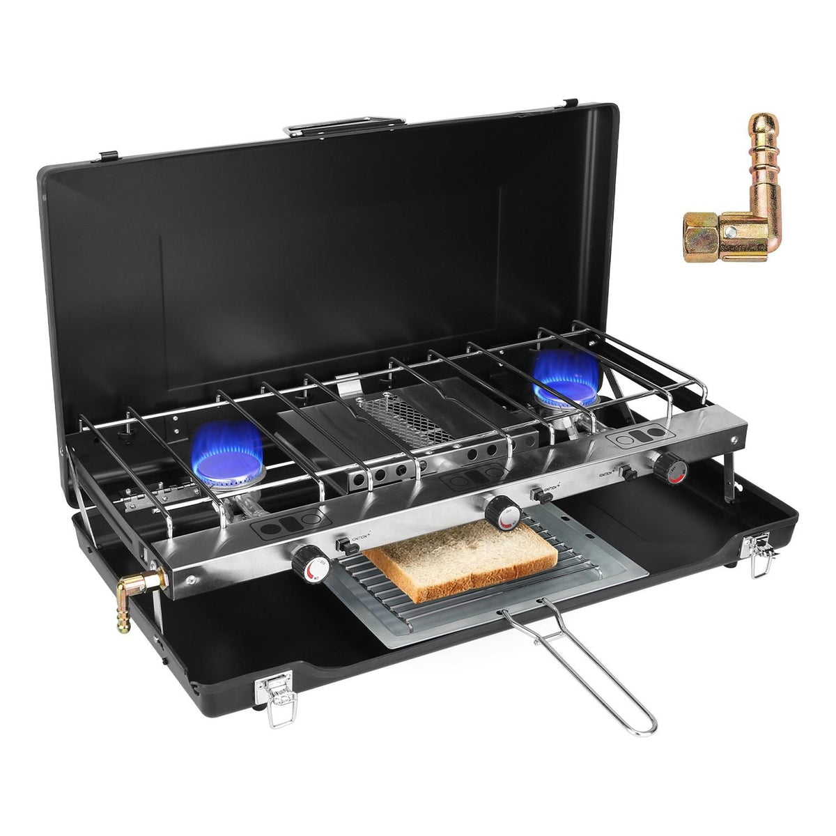 Mercantile Mountain 3-burner portable propane camping stove with windshield and toast tray open lid on Tampa Home & Garden Store