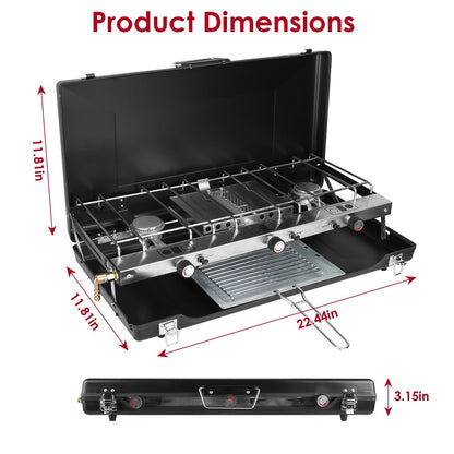 Mercantile Mountain 3-burner portable propane camping stove with windshield in metal case on Tampa Home & Garden Store