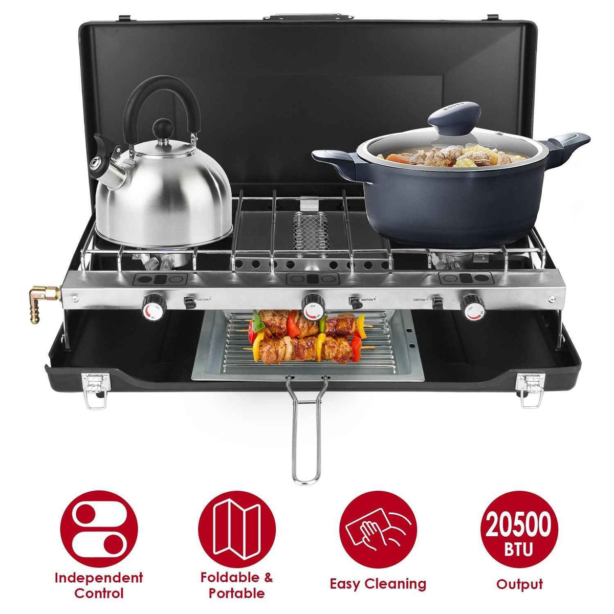 3-burner portable propane camping stove with windshield and two cookware pieces on Tampa Home & Garden Store