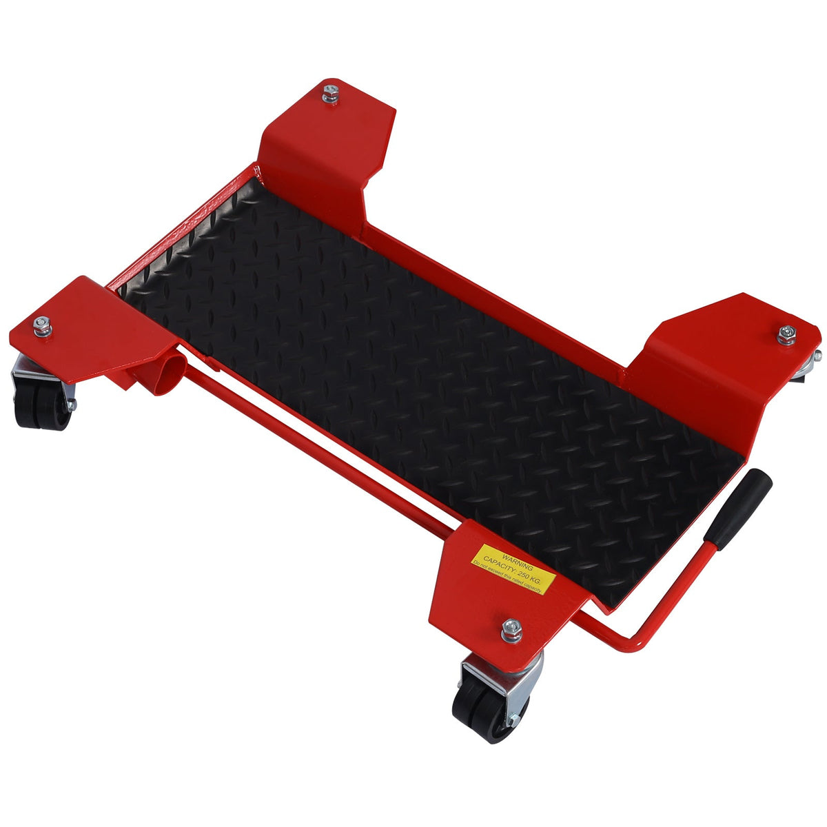 Mercantile Mountain motorcycle center stand dolly red frame, black platform, caster wheels on Tampa Home & Garden Store