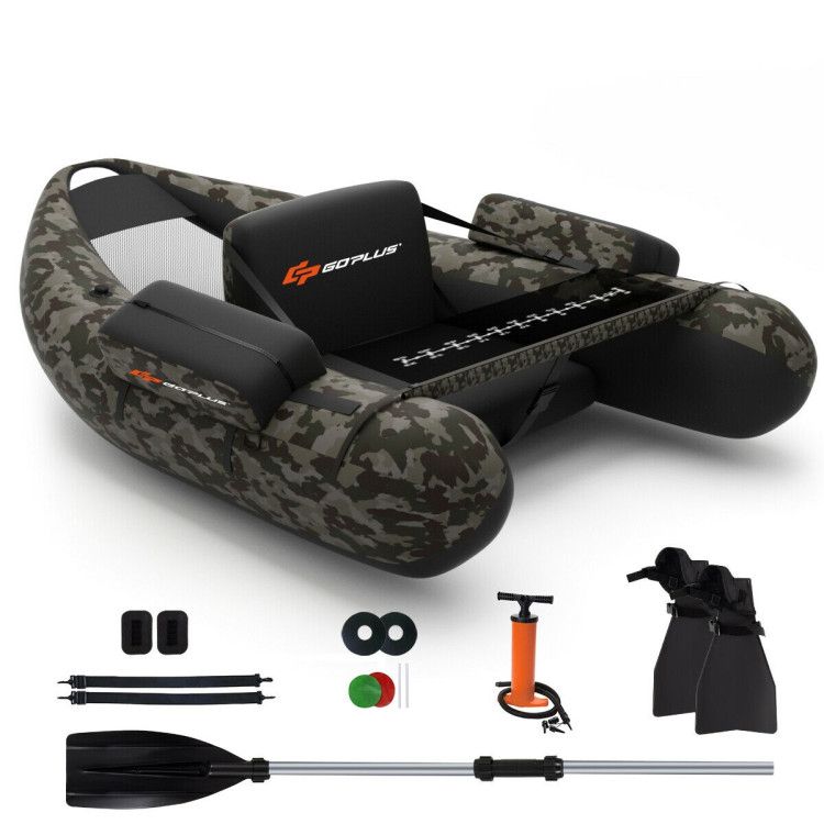 Inflatable fishing float tube in camo with GoPlus backrest, fish ruler, pump storage pockets on Tampa Home & Garden Store