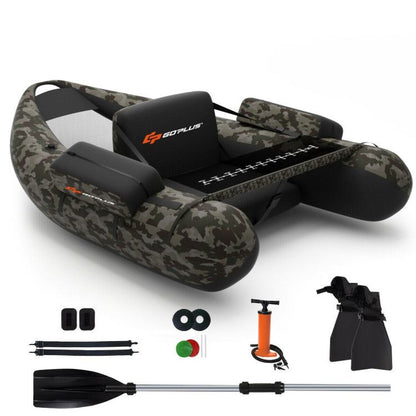 Inflatable fishing float tube in camo with GoPlus backrest, fish ruler, pump storage pockets on Tampa Home & Garden Store