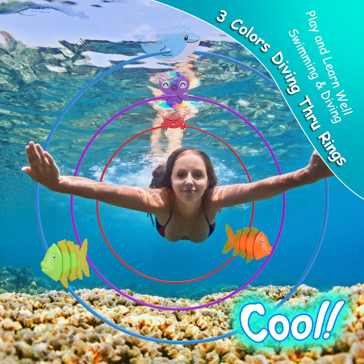 Mercantile Mountain 24pcs Diving Pool Toys: rings torpedoes volleyball blue purple hoops on Tampa Home & Garden Store