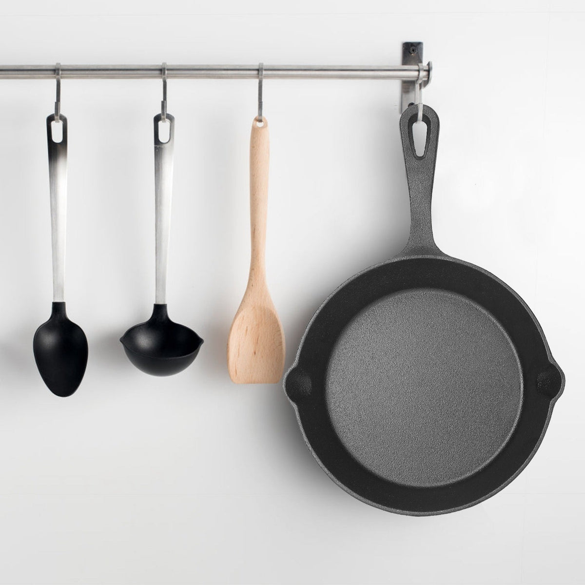 3-Piece Cast Iron Skillet Set 6/8/10in Mercantile Mountain with wooden spoon on Tampa Home & Garden Store