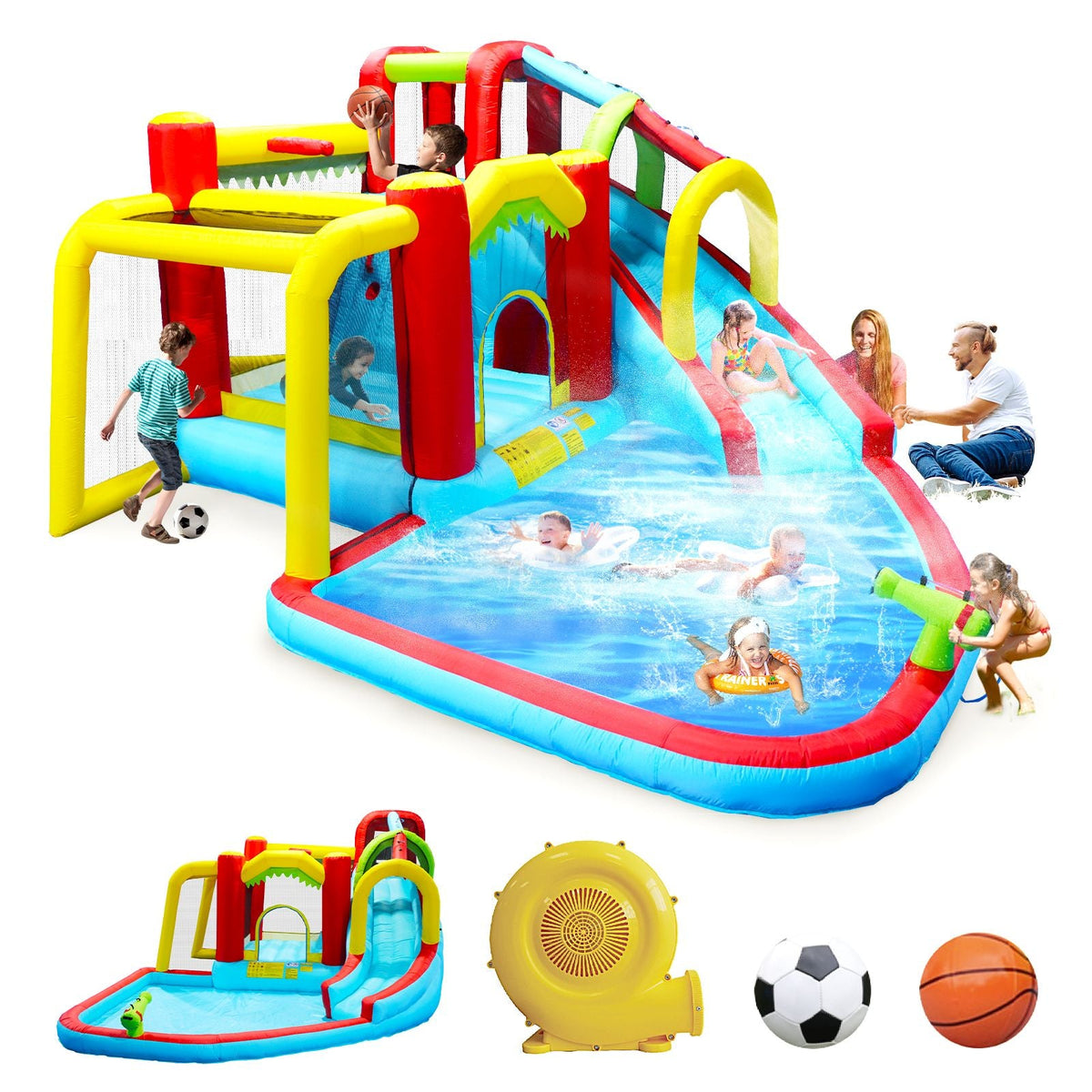 7-in-1 Mercantile Mountain inflatable water slide with pool, bright yellow, red and blue on Tampa Home & Garden Store