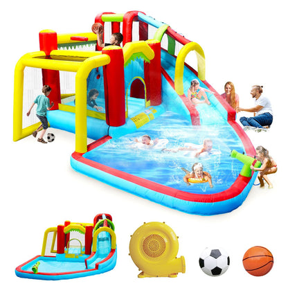 7-in-1 Mercantile Mountain inflatable water slide with pool, bright yellow, red and blue on Tampa Home & Garden Store