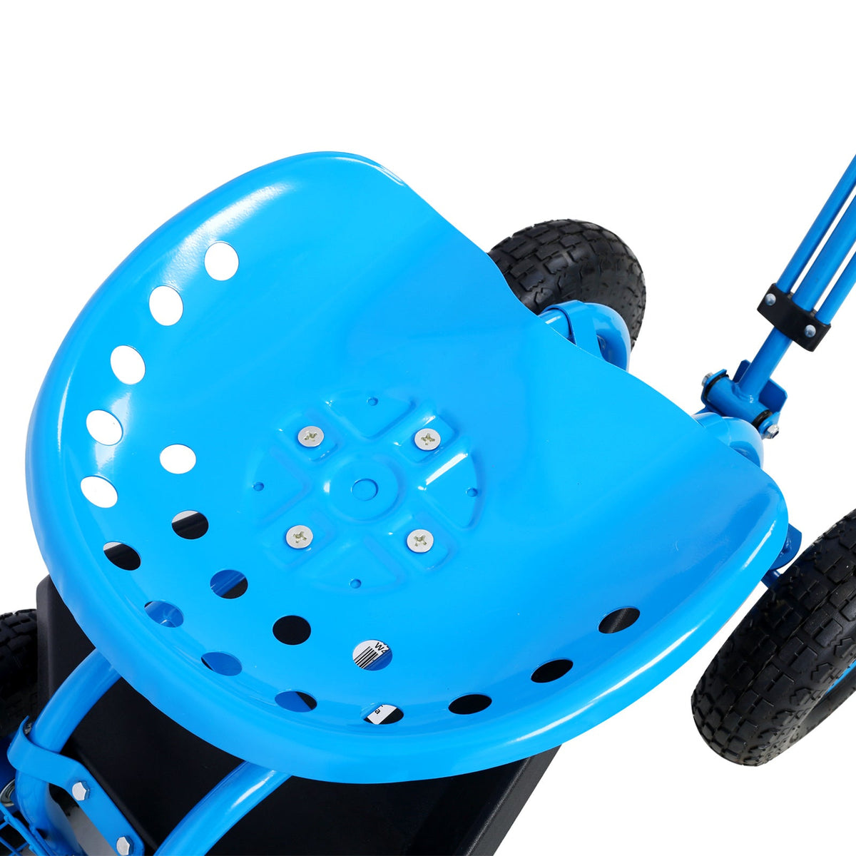 Rolling garden scooter blue wheel guard with perforated disc, screws and tire on Tampa Home & Garden Store