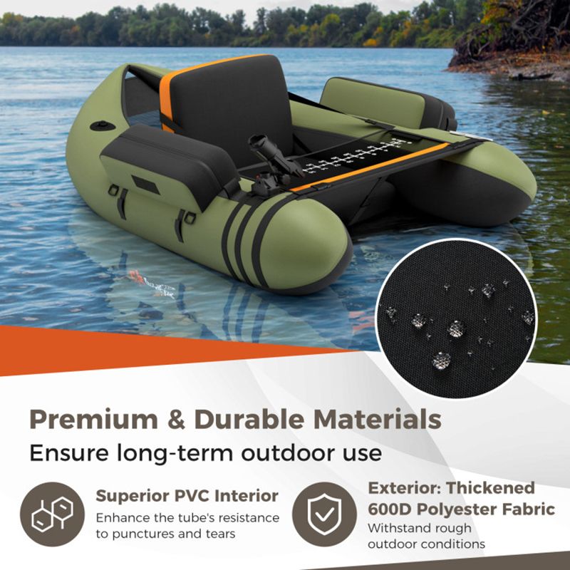Inflatable Fishing Float Tube, olive green, black seats, orange trim, pump pockets, fish ruler on Tampa Home & Garden Store