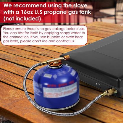 3-Burner Portable Propane Camping Stove Mercantile Mountain with blue canister and braided hose on Tampa Home & Garden Store