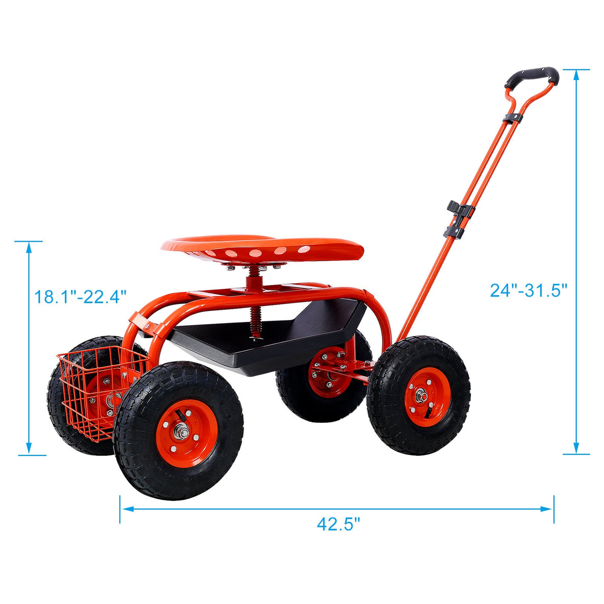 Mercantile Mountain red garden scooter cart with wheels tool tray and 360 swivel seat on Tampa Home & Garden Store