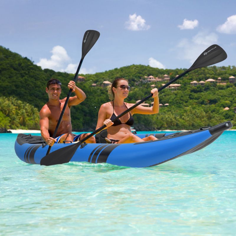 Inflatable 2-person Mercantile Mountain kayak blue with aluminium oars, two paddlers on water on Tampa Home & Garden Store