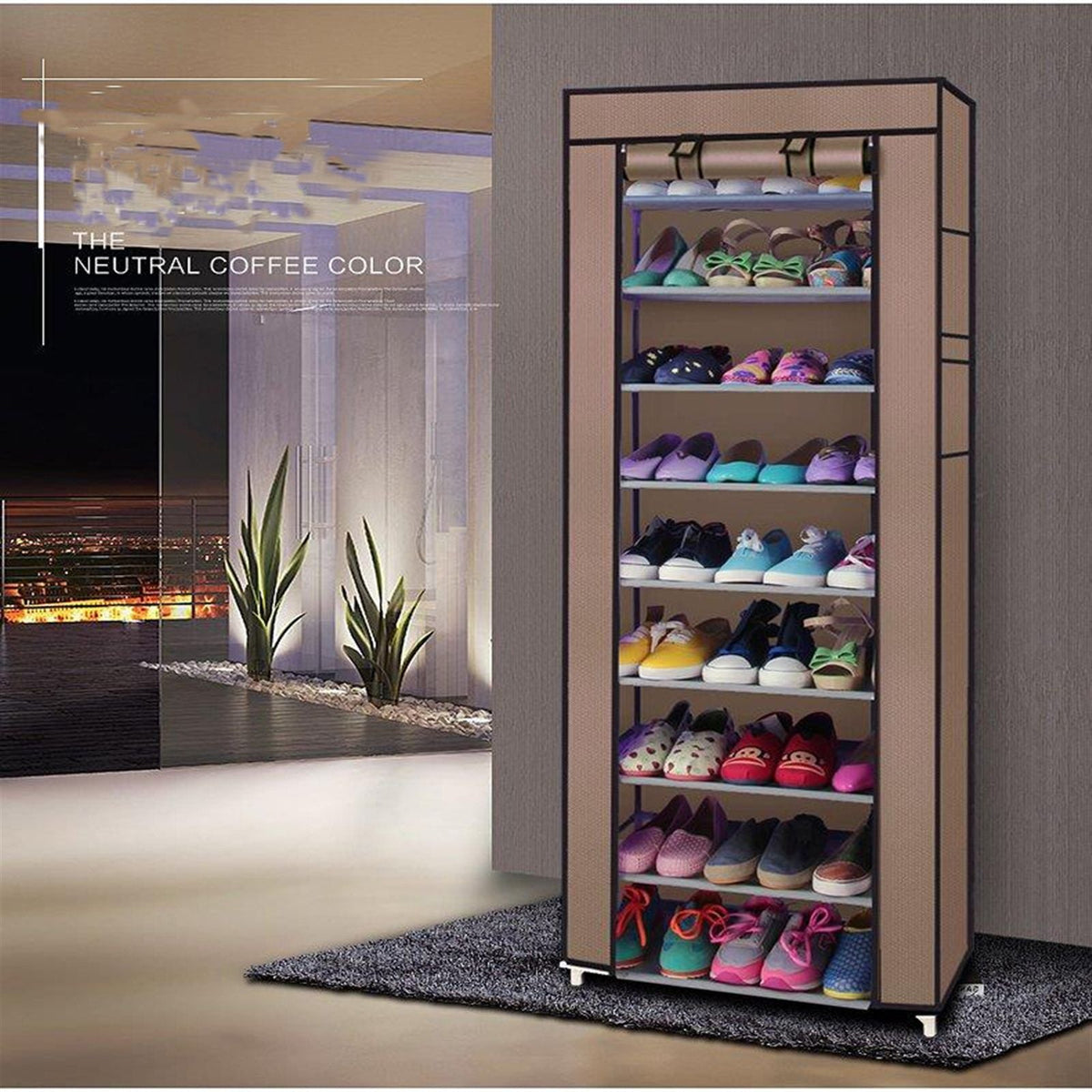 Room-saving 10-Layers 9 Lattices non-woven fabric shoe rack Black shelf storage with sneakers on Tampa Home & Garden Store