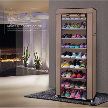 Room-saving 10-Layers 9 Lattices non-woven fabric shoe rack Black shelf storage with sneakers on Tampa Home & Garden Store