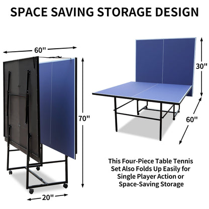Indoor ping pong table set blue, four-piece with foldable frame and wheels on Tampa Home & Garden Store