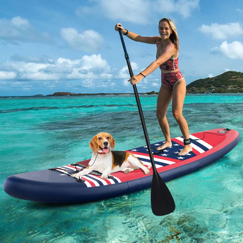 Inflatable paddle board by Mercantile Mountain with removable fin and backpack starspangled deck on Tampa Home & Garden Store