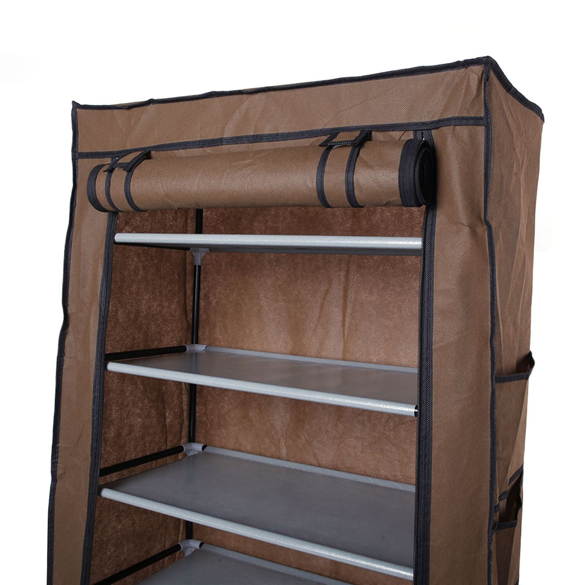 Shoe rack with brown non-woven fabric cover, 10-layer 9-lattice design, metal shelves on Tampa Home & Garden Store