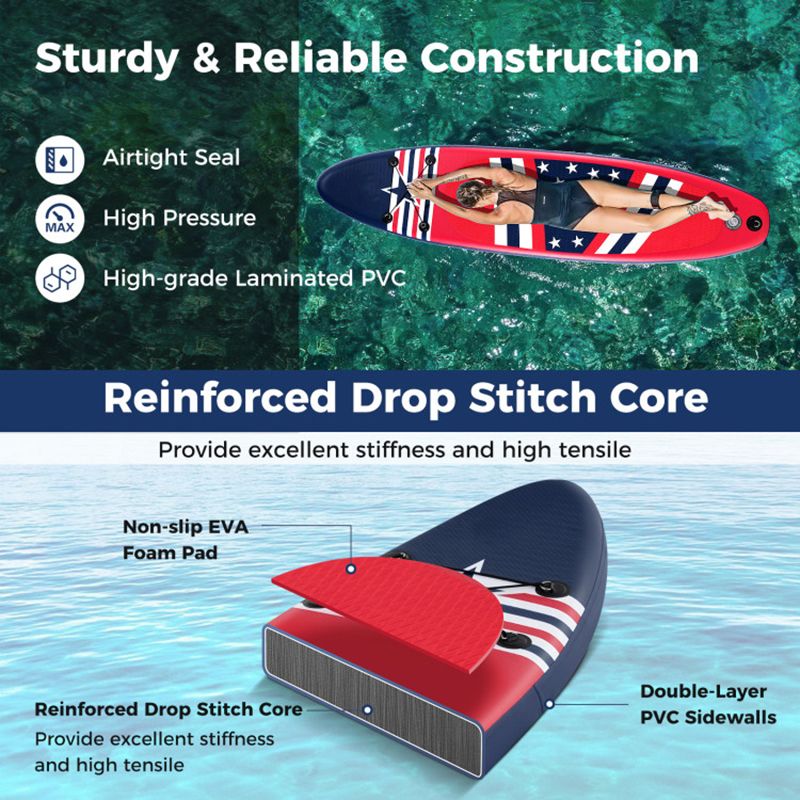 Inflatable Paddle Board with Removable Fin and Backpack by Mercantile Mountain, red/blue design on Tampa Home & Garden Store