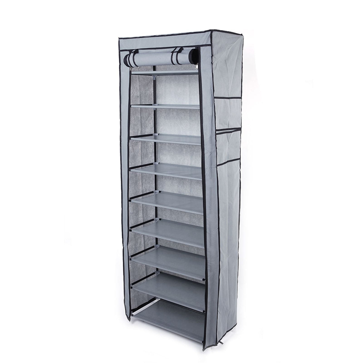 Room-saving 10-layer shoe rack with 9 lattice shelves, non-woven fabric cover in black and gray on Tampa Home & Garden Store