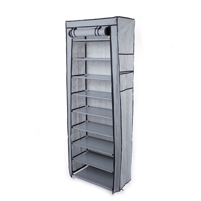 Room-saving 10-layer shoe rack with 9 lattice shelves, non-woven fabric cover in black and gray on Tampa Home & Garden Store