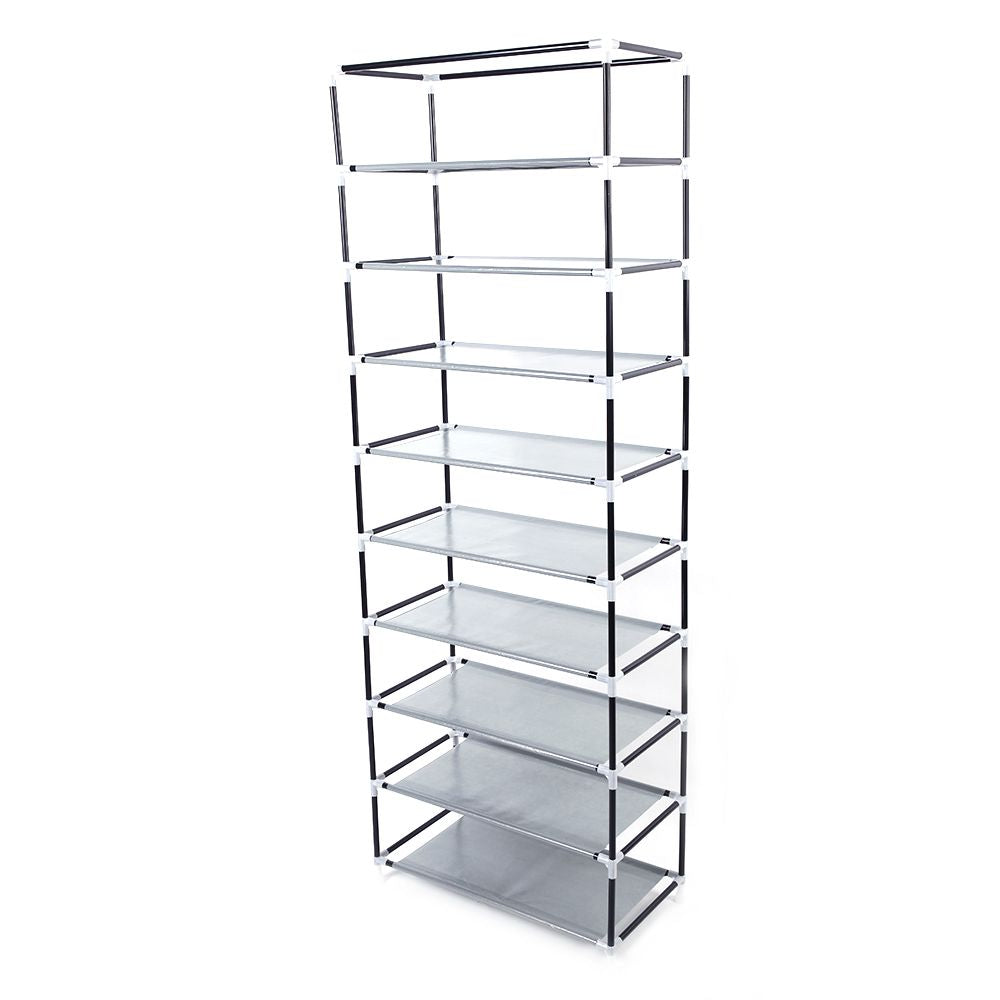 Mercantile Mountain 10-layer shoe rack with gray non-woven fabric shelves and black frame on Tampa Home & Garden Store