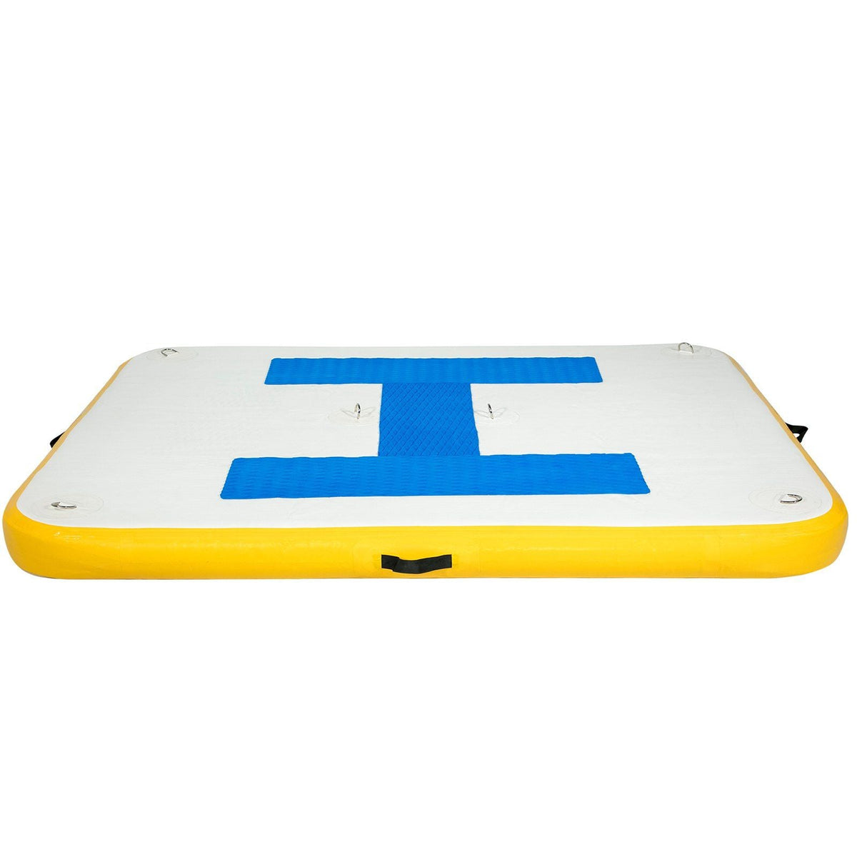 Mercantile Mountain 8x5 ft inflatable floating dock, white deck with blue stripes, yellow edge on Tampa Home & Garden Store