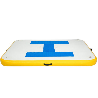 Mercantile Mountain 8x5 ft inflatable floating dock, white deck with blue stripes, yellow edge on Tampa Home & Garden Store