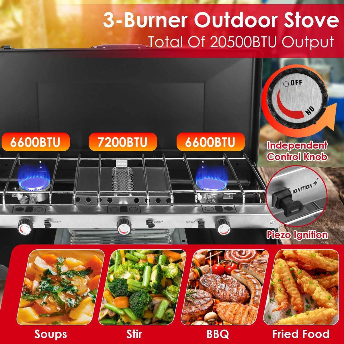 3-Burner Portable Propane Camping Stove Mercantile Mountain with windshield and toast tray on Tampa Home & Garden Store
