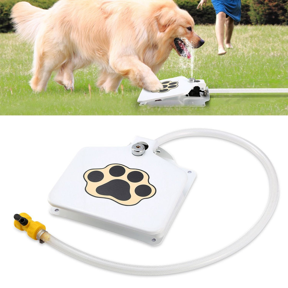 Outdoor Dog Water Fountain Step-On Activated Dispenser white unit with paw print and hose on Tampa Home & Garden Store