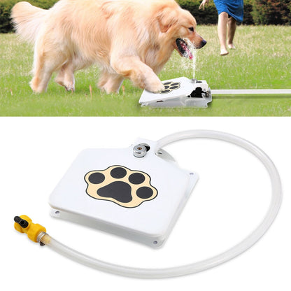 Outdoor Dog Water Fountain Step-On Activated Dispenser white unit with paw print and hose on Tampa Home & Garden Store