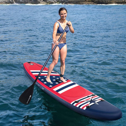 Mercantile Mountain inflatable stand-up paddleboard with removable fin red white blue pattern on Tampa Home & Garden Store