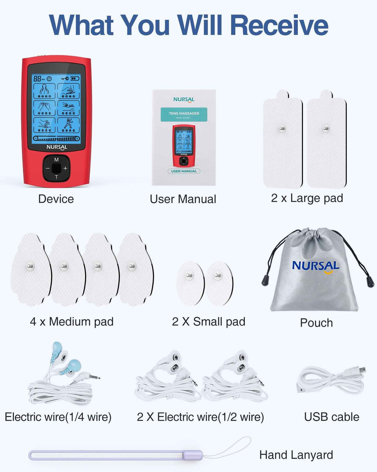 Mercantile Mountain 24-Mode TENS EMS Unit red handheld muscle stimulator with 8 pads on Tampa Home & Garden Store