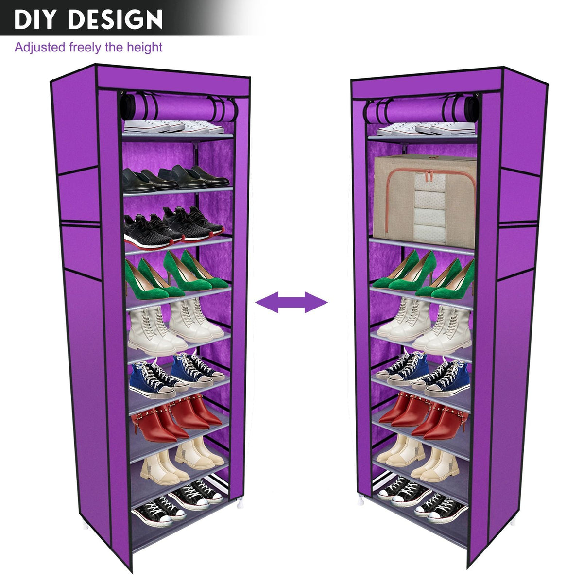 Room-saving 10-Layers 9-Lattices non-woven fabric shoe rack set of 2, Mercantile Mountain, purple-framed on Tampa Home & Garden Store