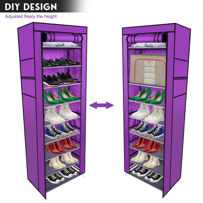 Room-saving 10-Layers 9-Lattices non-woven fabric shoe rack set of 2, Mercantile Mountain, purple-framed on Tampa Home & Garden Store