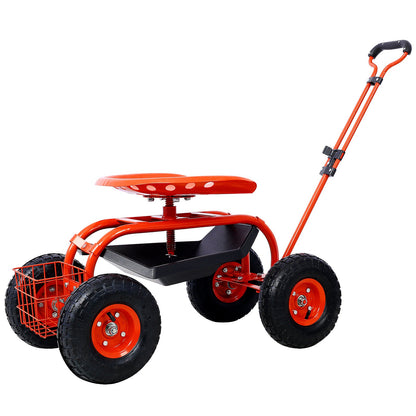 Mercantile Mountain rolling garden scooter cart with red seat, 4 wheels, basket and tool tray on Tampa Home & Garden Store