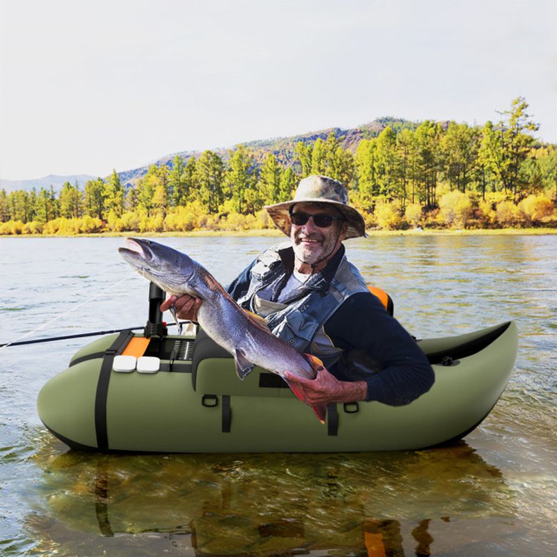 Mercantile Mountain inflatable fishing float tube in olive with pockets and fish ruler on Tampa Home & Garden Store