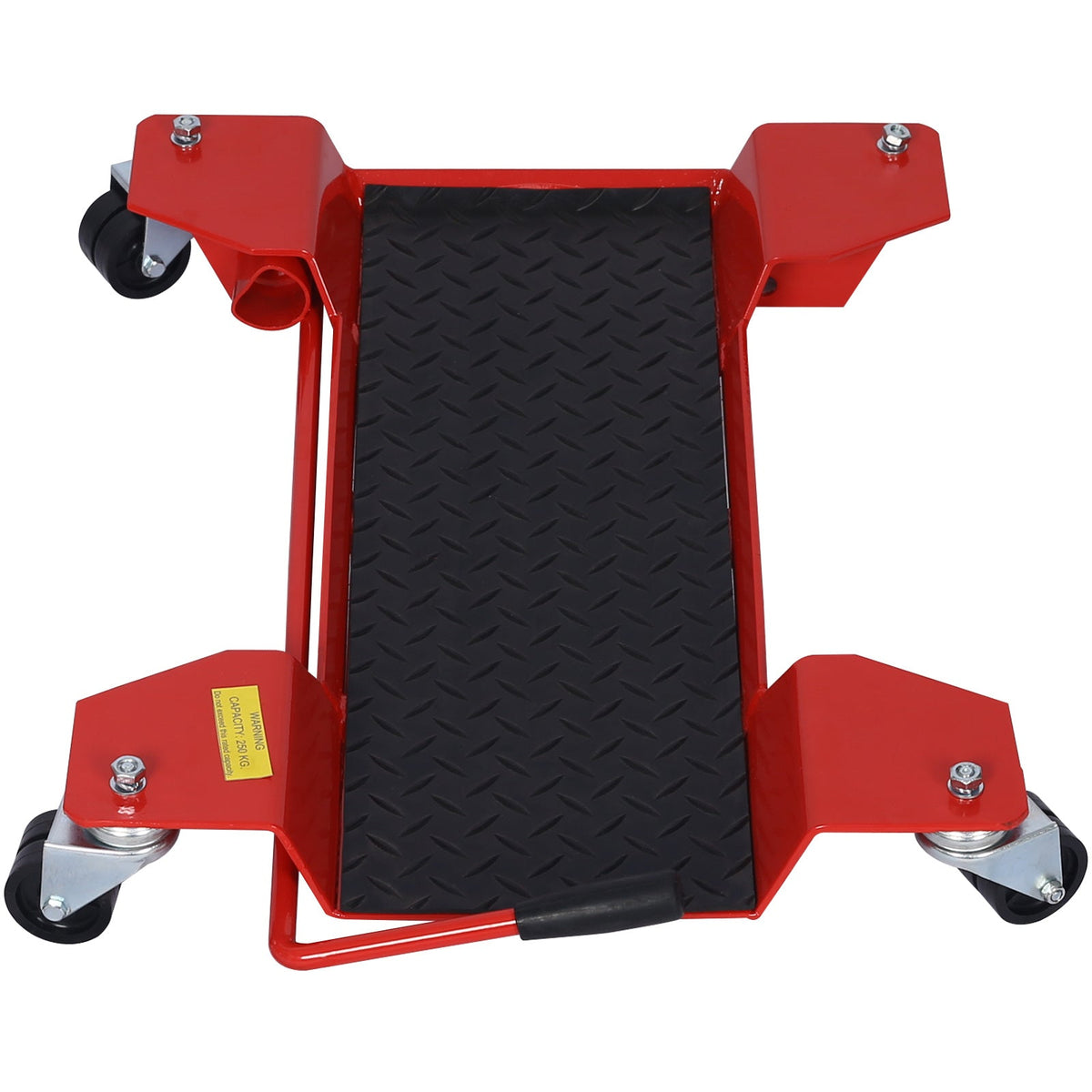 Mercantile Mountain motorcycle center stand dolly with red steel frame and black diamond plate platform on Tampa Home & Garden Store
