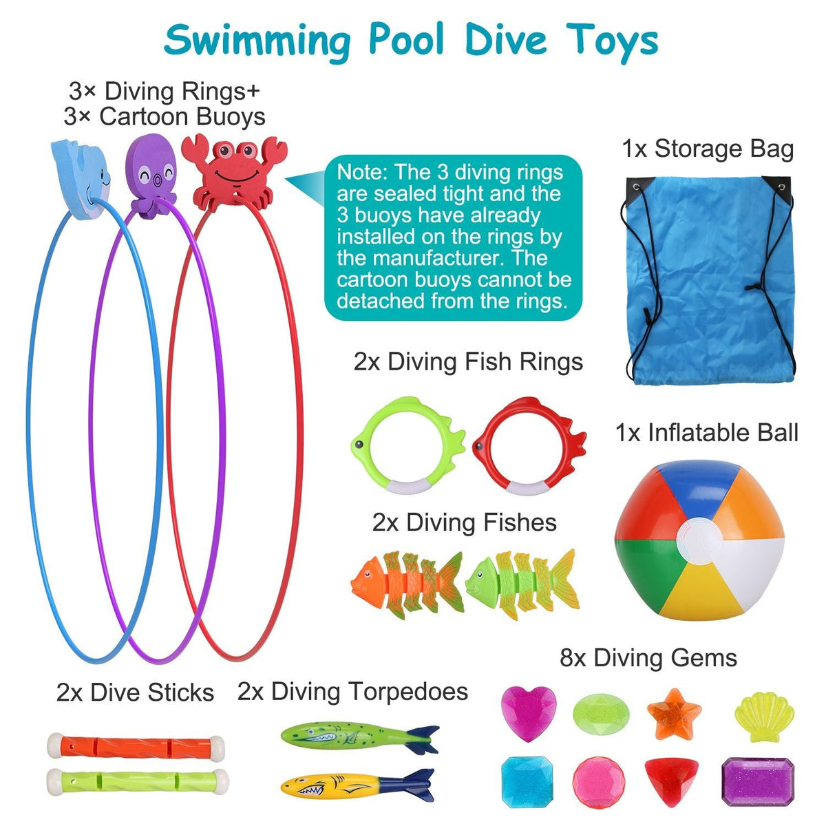24-Piece Kids Diving Pool Toys Set by Mercantile Mountain with rings torpedoes fish gems bag on Tampa Home & Garden Store