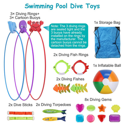 24-Piece Kids Diving Pool Toys Set by Mercantile Mountain with rings torpedoes fish gems bag on Tampa Home & Garden Store