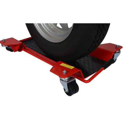 Motorcycle dolly red with diamond-plate platform and swivel wheels Mercantile Mountain on Tampa Home & Garden Store