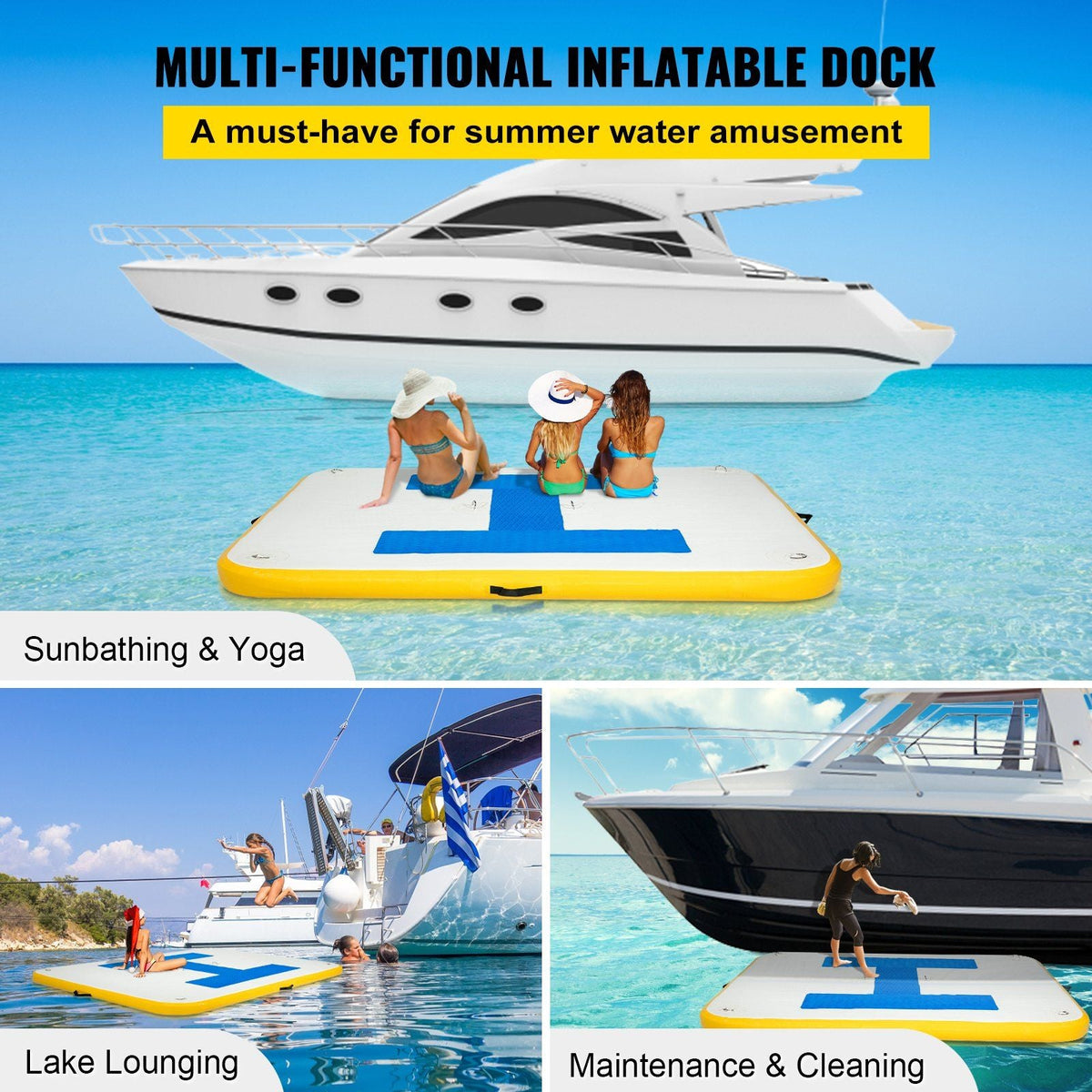 Inflatable dock 8x5 ft with yellow edge and blue deck on turquoise water; sunbathers and yacht on Tampa Home & Garden Store