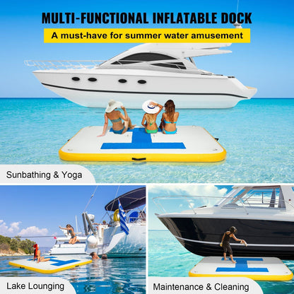 Inflatable dock 8x5 ft with yellow edge and blue deck on turquoise water; sunbathers and yacht on Tampa Home & Garden Store
