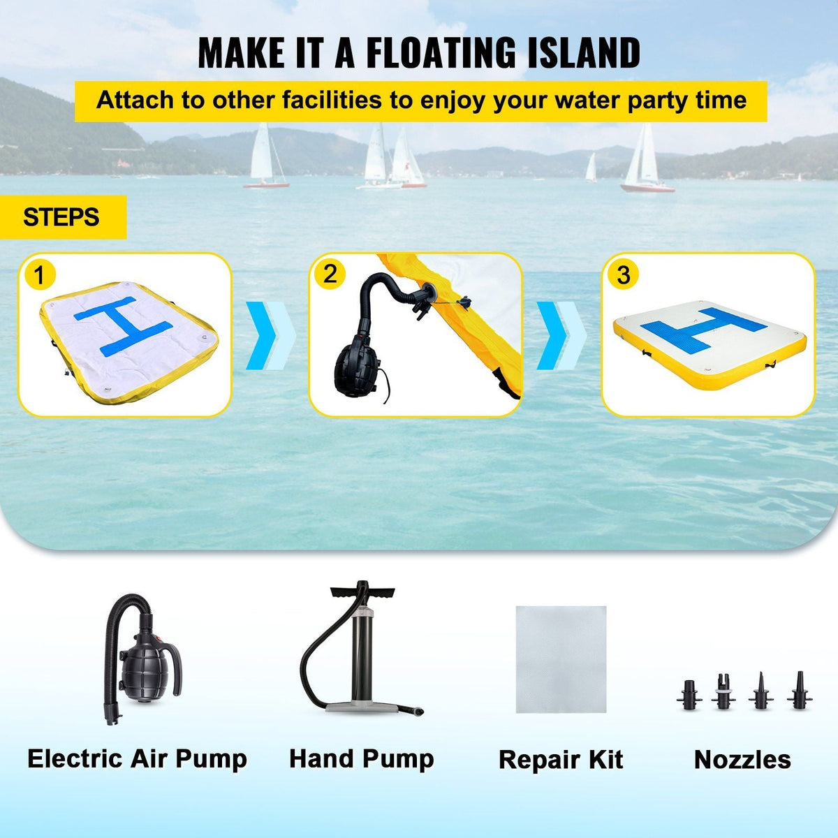 Inflatable floating dock platform 8x5 ft with electric air pump, yellow deck on Tampa Home & Garden Store