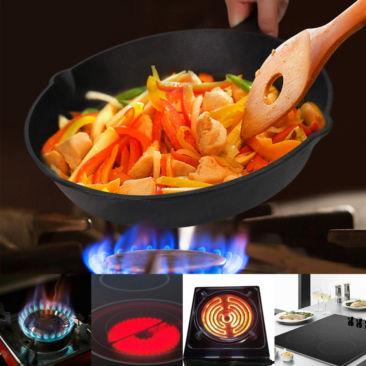 Mercantile Mountain black cast iron skillet in use with peppers and chicken stir-fry on Tampa Home & Garden Store